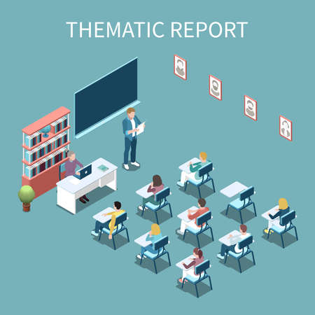University student making thematic report in front of class isometric composition 3d vector illustrationのイラスト素材