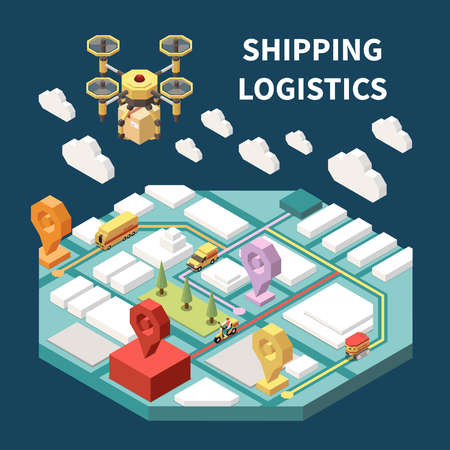 Logistics isometric composition with modern drone delivering parcel 3d vector illustrationのイラスト素材
