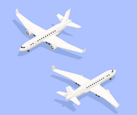 Airport isometric composition with isolated images of jet propelled aircraft from two different angles with shadows vector illustrationのイラスト素材