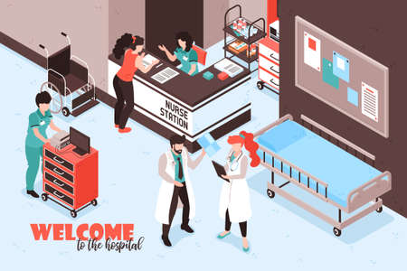 Isometric hospital composition with text and view of nurse station reception desk with people and furniture vector illustrationのイラスト素材