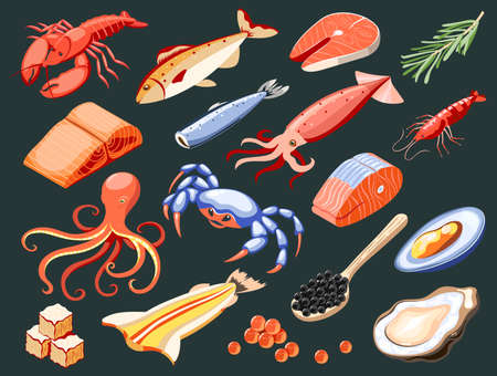 Sea food isolated colored icons with salmon filet calamari caviar mussels crabs oysters shark meat on black background isometric vector illustrationのイラスト素材