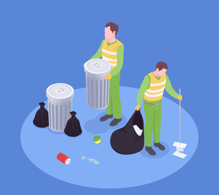Garbage waste recycling isometric composition with faceless human characters of scavengers with rubbish bins and brush vector illustrationのイラスト素材