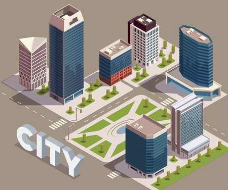 City skyscrapers isometric composition with view of city block with modern tall buildings streets and text vector illustrationのイラスト素材