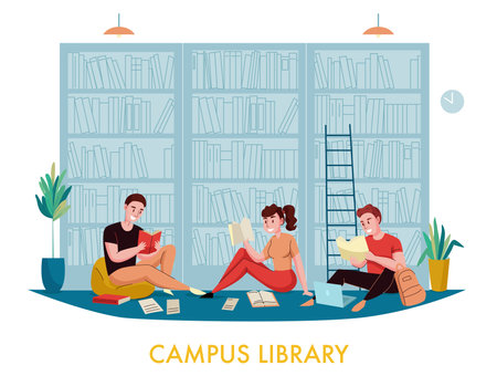 University campus library bookcases flat composition with students reading books articles with bookshelves in background vector illustrationのイラスト素材
