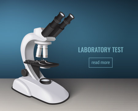 Laboratory test background with realistic microscope image for web design of landing page  advertising medical and health services vector illustrationのイラスト素材