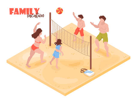 Isometric beach house tropic holidays background with human characters of family members playing volleyball with text vector illustrationのイラスト素材