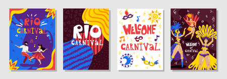 Brazil rio carnival announcement 4 colorful posters set with music symbols smiling dancers isolated vector illustrationのイラスト素材