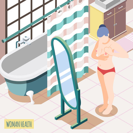Women health isometric background with young woman feeling in front of mirror her mammary gland vector illustrationのイラスト素材