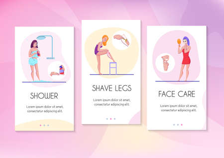 Feminine hygiene info cards flat banners set with face care legs shaving and shower tips vector illustrationのイラスト素材