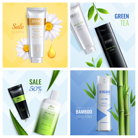 Four square organic cosmetics ingredients icon set with sale season green tea bamboo shave foam descriptions vector illustrationのイラスト素材