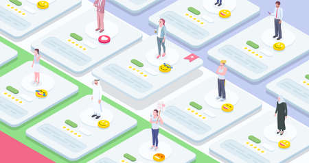 Society people isometric composition with conceptual images of interactive work sheets with human characters and emoticons vector illustrationのイラスト素材
