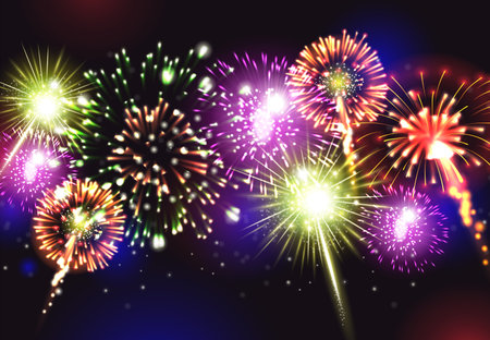 Fireworks realistic background with party celebration snd joy symbols vector illustrationのイラスト素材