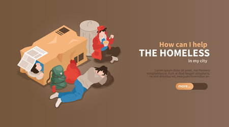 Isometric homeless people horizontal banner with view of people among cardboard boxes and waste with text vector illustrationのイラスト素材