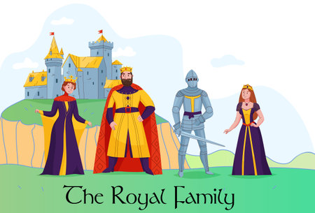 Medieval kingdom royal family standing in front of castle flat composition with king queen knight princess vector illustrationのイラスト素材