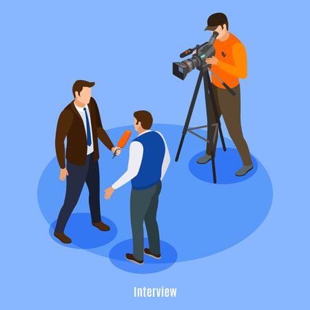 Broadcast telecommunication isometric background with shooting crew and man giving interview vector illustrationのイラスト素材