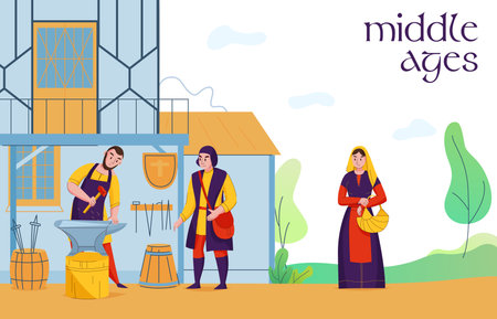 Middle age settlement commoners at work flat composition with village medieval blacksmith peasants land workers vector illustrationのイラスト素材