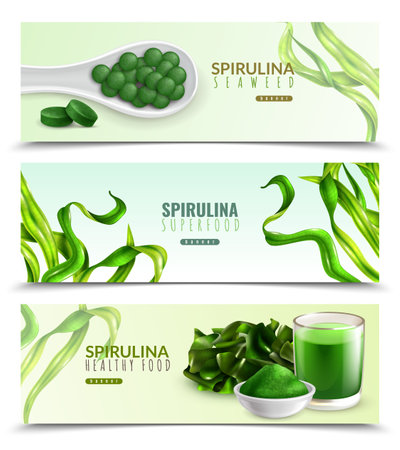 Spirulina supplement healthy food 3 realistic horizontal banners with natural seaweeds powder drink pills tablets vector illustrationのイラスト素材