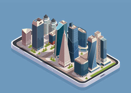 City skyscrapers isometric concept with smartphone body and block of modern buildings on top of screen vector illustrationのイラスト素材