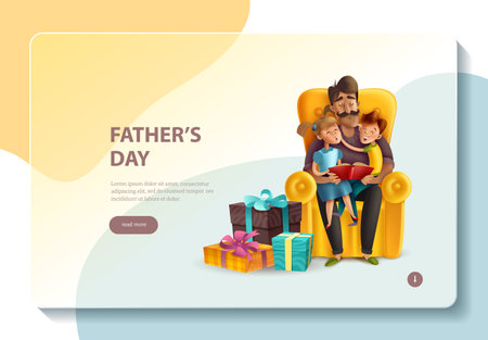 Fathers day celebration ideas stories presents online website design with dad hugging kids banner concept vector illustrationのイラスト素材