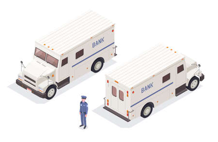 Banking financial isometric composition with isolated images of bank cash-in-transit vans on blank background vector illustrationのイラスト素材