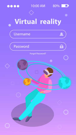 Login form isometric background with person wearing augmented reality goggles 3d vector illustrationのイラスト素材