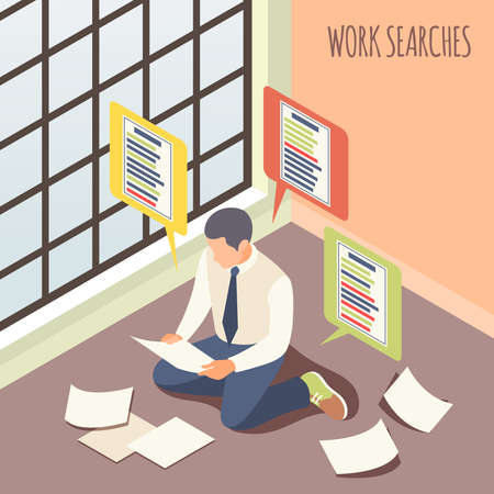 Work searches isometric background with male person considering job vacancies sitting on floor vector illustrationのイラスト素材