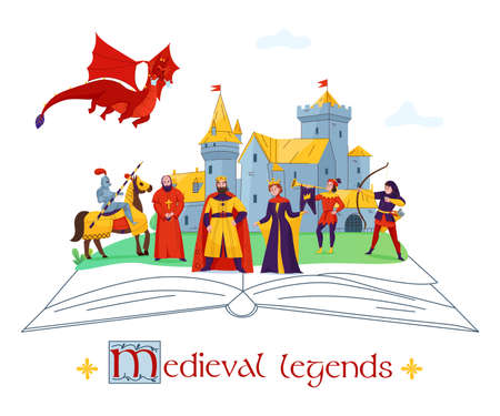 Medieval legends stories tales concept flat colorful composition with castle  kingdom characters on open book vector illustrationのイラスト素材