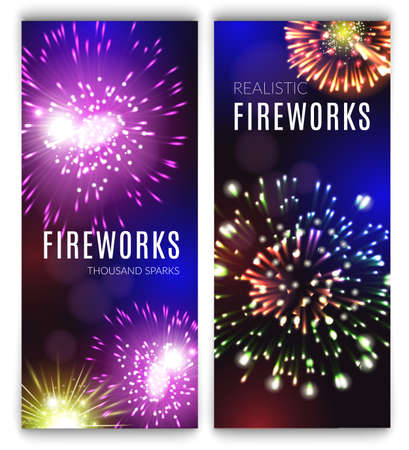 Fireworks vertical banners realistic set with holiday celebration symbols isolated vector illustrationのイラスト素材