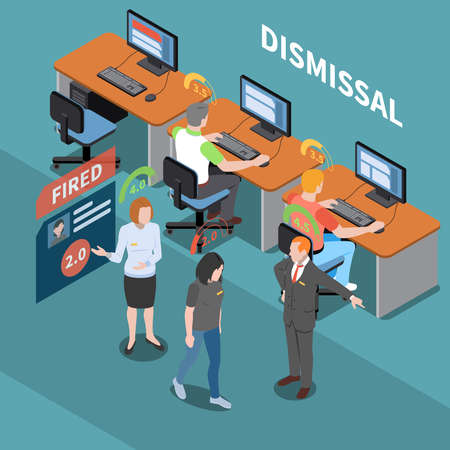 Social credit score system isometric composition with office environment and characters of workers with rating pictograms vector illustrationのイラスト素材