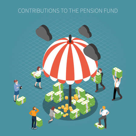 Social security unemployment benefits unconditional income isometric composition with image of umbrella and piles of money vector illustrationのイラスト素材