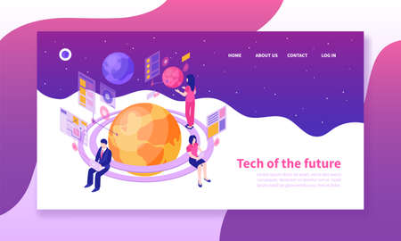 Isometric horizontal banner with people using future technologies on colorful background 3d vector illustrationのイラスト素材