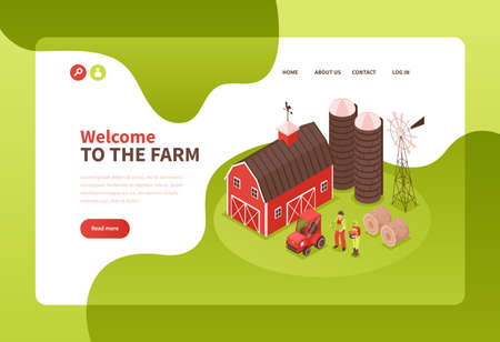 Isometric farm concept banner with landing page elements clickable text links read more button and pictures vector illustrationのイラスト素材