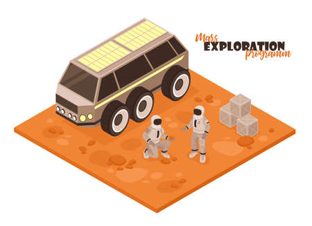 Isometric mars colonization composition on white background with piece of terrain rover car and astronaut characters vector illustrationのイラスト素材