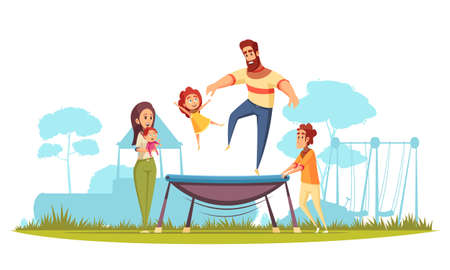 Family active holidays father with daughter during jumping on trampoline mom with kids as spectators vector illustrationのイラスト素材