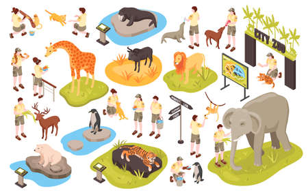 Isometric Zoo Set With Isolated Images Of Animals Human Characters Of Personnel And Animal Park Items Cector Illustrationのイラスト素材 イメージマート