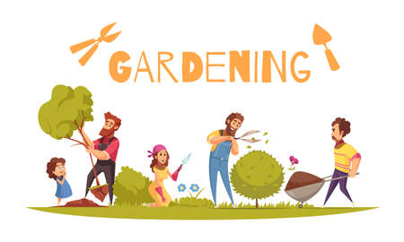 Horticulture cartoon composition adults and kid during various farming activity on white background vector illustrationのイラスト素材