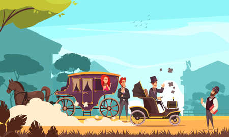 Human characters and old ground transportation horse carriage and ancient car on combustion engine cartoon vector illustrationのイラスト素材