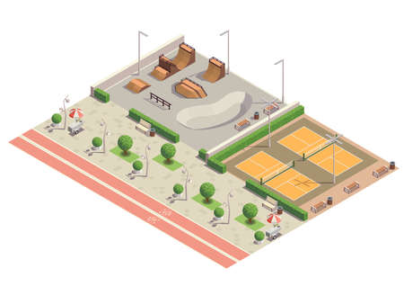 Modern city park recreational sport environment for skateboarding inline skating cycling playing tennis isometric composition vector illustrationのイラスト素材
