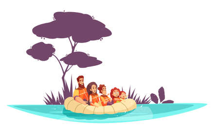 Family active holidays parents and kids in life jackets on inflatable raft cartoon vector illustrationのイラスト素材