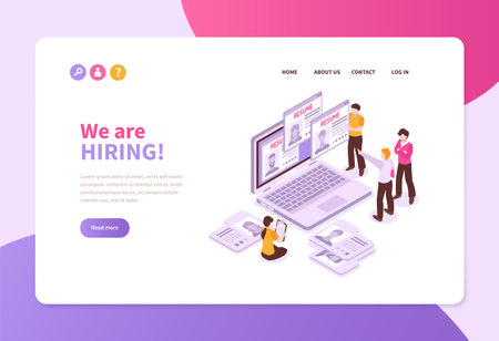 Isometric job search recruitment concept banner website page with laptop application sheets and people with text vector illustrationのイラスト素材