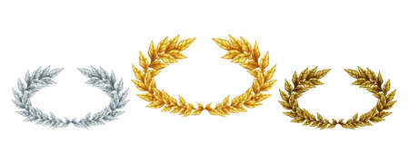 Golden silver and bronze laurel wreaths in realistic style as symbol sports achievement isolated vector illustrationのイラスト素材