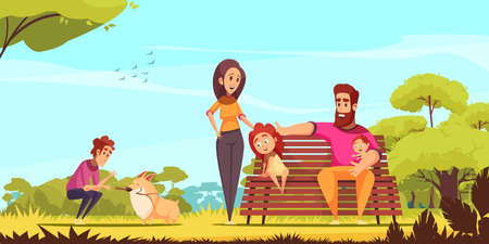 Family active holidays parents kids and dog in summer park on blue sky background cartoon vector illustrationのイラスト素材