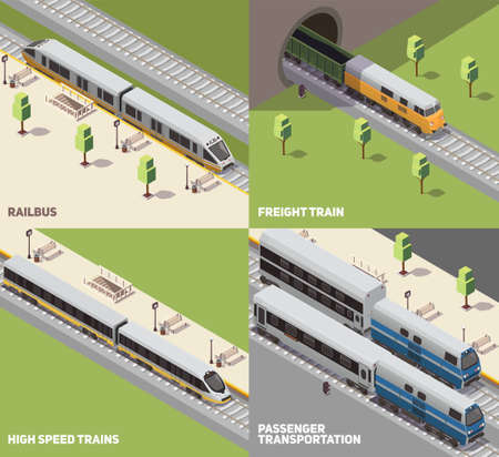 Railbus freight cargo and high speed trains passenger transportation concept 4 isometric icons set isometric vector illustrationのイラスト素材