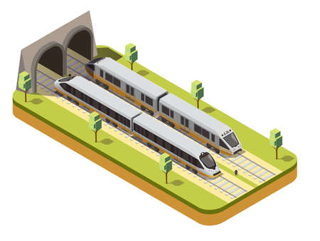 Rail bus and high speed passenger train entering railway tunnel under viaduct bridge isometric composition vector illustrationのイラスト素材