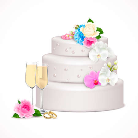 Stylish festive wedding cake decorated with flowers and pair glasses of champagne realistic composition vector illustrationのイラスト素材