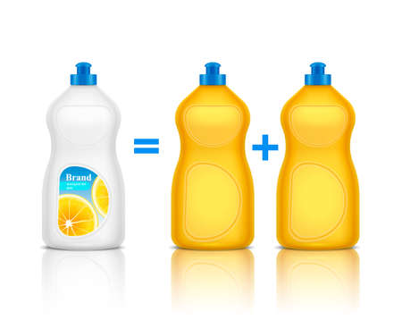 Detergent advertising realistic composition with promoting of new brand bottle compared to others cleaning agent vector illustrationのイラスト素材