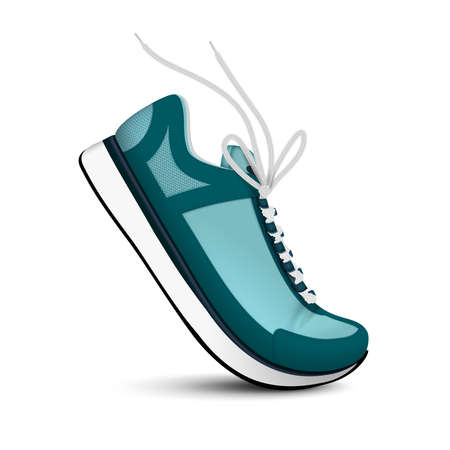 Modern sport sneakers of blue color with white shoelaces realistic single image on white background isolated vector illustrationのイラスト素材