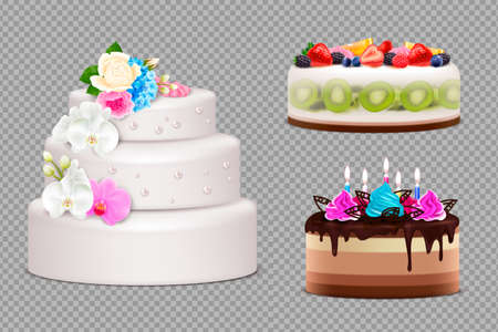 Transparent set of handmade festive cakes to order for birthday wedding or other holiday realistic vector illustrationのイラスト素材