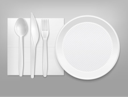 Disposable white plastic plate cutlery knife fork spoon on napkin top view realistic tableware set vector illustrationのイラスト素材