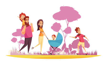 Family active holidays parents with kids during summer stroll on background of trees silhouettes cartoon vector illustrationのイラスト素材